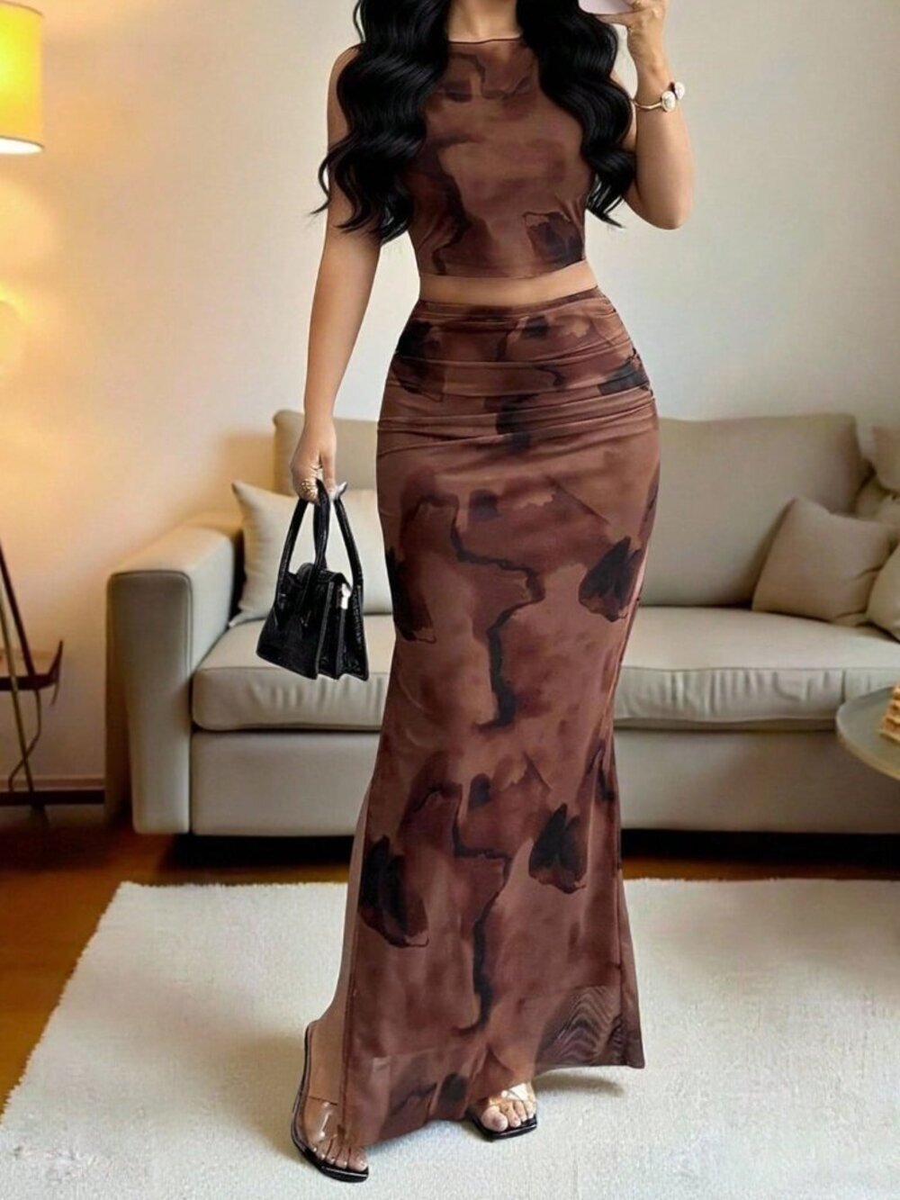 Coffee Brown Casual Women's Checkered Mesh Sleeveless Vest Top & Slit Skirt Set